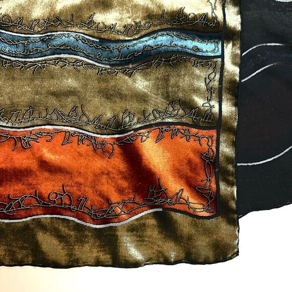 Silk Velvet Oblong Scarf Embroidered Burnt Orange Olive Green Black Lining - Picture 8 of 10